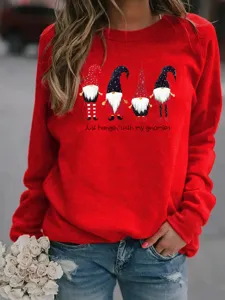 Christmas gnome print fleece sweatshirt for women, cozy casual red pullover top.