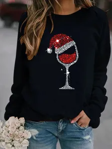 Christmas wine glass rhinestone graphic print long sleeve black crewneck sweatshirt detail.