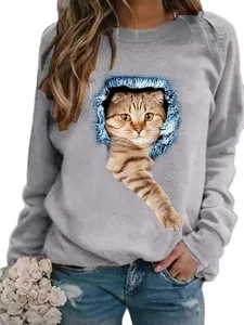 Sudadera gris de mujer manga larga forrada polar con bonito estampado gato 3d