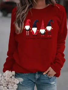 Christmas gnome print crewneck long sleeve fleece sweatshirt for women casual winter holiday top.