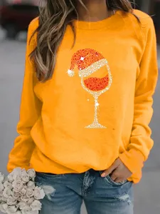 Christmas wine glass print women crewneck long sleeve orange sweatshirt casual pullover