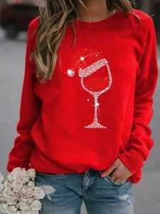 Christmas wine glass print red crewneck sweatshirt for women holiday casual long sleeve top