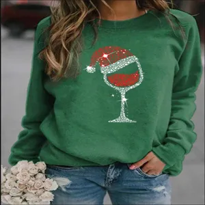 Christmas wine glass graphic green crewneck sweatshirt casual long sleeve pullover detail