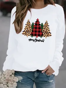 Felpa bianca in pile a maniche lunghe con stampa alberi leopardo quadri di natale.