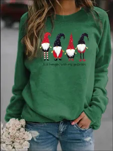 Christmas gnome graphic sweatshirt in green, long sleeve casual pullover for winter holiday.