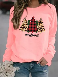 Vista dettagliata della felpa rosa natalizia con stampa di alberi, pullover casual manica.