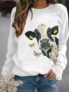 Gedetailleerd overzicht dames casual ronde hals lang mouw sweatshirt met schattige koe en vlinder.