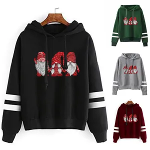 Unisex Christmas Gnomes Print Hoodie Double Stripe Sleeve Polyester Hooded Sweatshirt Casual Preppy Style Pullover Top