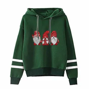 Dark green hooded sweatshirt featuring double stripes on sleeves and cute Christmas gnome graphic.
