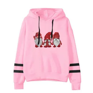 Pink hoodie with cute gnome graphic and double stripe sleeves for casual winter wear.