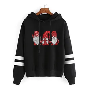 Black hooded sweatshirt featuring double white sleeve stripes and a cute festive gnome graphic.