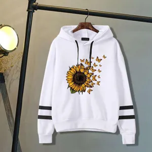 Women's Casual Loose Hooded Sweatshirt Rabbit Hair Corduroy Sunflower Butterfly Print Pullover Stripe Long Sleeve Top