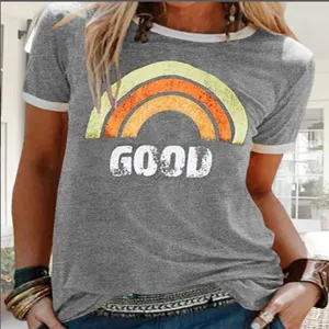 Γυναικείο Casual Ringer T-Shirt Vintage Ουράνιο Τόξο Γράμμα Print Κοντό Μανίκι