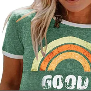 Γυναικείο κοντομάνικο t-shirt ringer ρετρό ουράνιο τόξο casual καλοκαιρινό top ρούχο