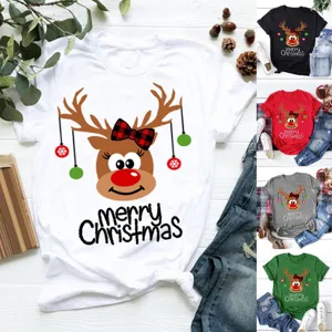Women's Christmas Reindeer Graphic T-Shirt Merry Christmas Print Short Sleeve Round Neck Polyester Casual Top Red White