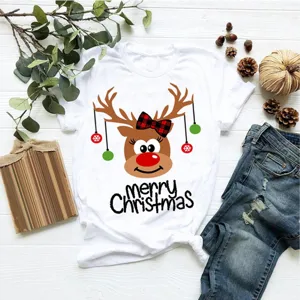 Christmas reindeer graphic t-shirt short sleeve holiday casual top for women and girls.