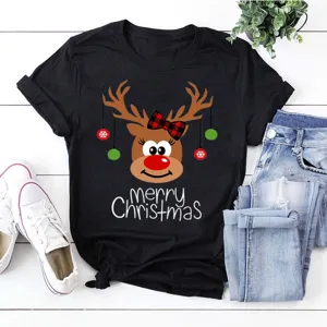 Christmas reindeer graphic black t-shirt detail showing cute cartoon deer and lettering.
