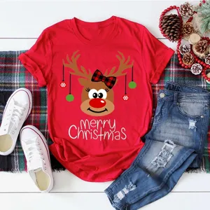 Christmas reindeer print t-shirt flat lay detail showing festive red holiday top design.