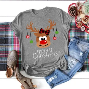 Christmas reindeer print short sleeve grey t-shirt, festive holiday casual women top.