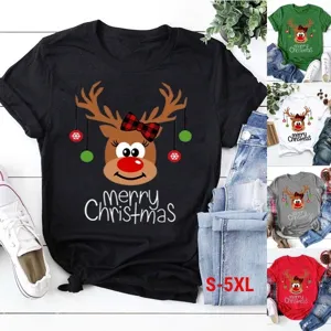 Christmas reindeer print detail view, short sleeve casual t-shirt, multiple color options.
