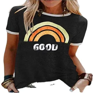 Γυναικείο καλοκαιρινό κοντομάνικο t-shirt με vintage σχέδιο ουράνιο τόξο κύρια εικόνα.