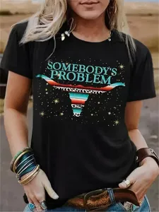 Women's Western Vintage Cow Skull Graphic Top Somebody's Problem Letter Print Polyester Round Neck Short Sleeve T-Shirt