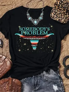Women's black short sleeve graphic t-shirt with western bull skull print, casual summer tee top.