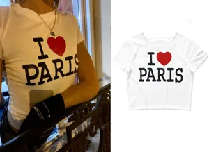 Γυναικείο λευκό κοντομάνικο crop top καλοκαιρινό t-shirt με στάμπα paris casual