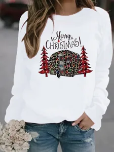 White fleece-lined crewneck sweatshirt featuring a cute Christmas leopard camper print.