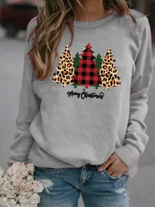 Felpa donna girocollo manica lunga con stampa albero di natale leopardato casual top