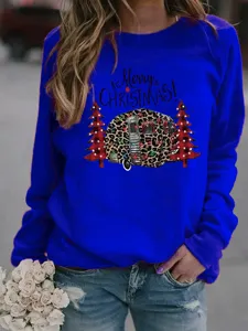 Christmas print fleece sweatshirt detail view, casual crewneck long sleeve pullover top for women.