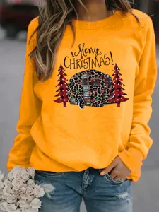 Women Christmas leopard camper print fleece sweatshirt long sleeve casual pullover top.
