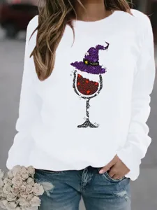Femmes Halloween Chapeau Sorciere Vin Rouge Verre Imprime Manches Longues Sweat-shirt Decontracte