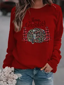 Women Christmas Leopard Camper Print Fleece Sweatshirt Casual Crewneck Long Sleeve Top