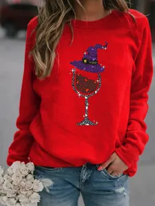 Sweat-shirt polaire rouge femme avec graphique verre vin chapeau sorcière haut manches longues