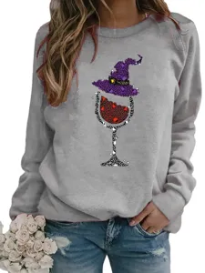 Sweat-shirt en molleton décontracté avec imprimé chapeau de sorcière et verre de vin.