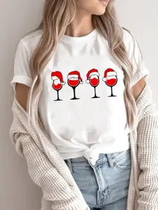 Christmas wine glass graphic short sleeve white t-shirt for women holiday casual daily wear.