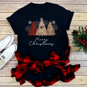 Christmas graphic short sleeve T-shirt with cute tree print for holiday casual wear.