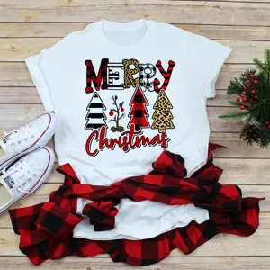 Christmas graphic short sleeve t-shirt with plaid letters and tree print for men women.