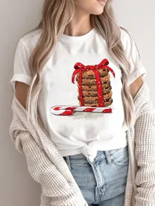 Christmas cookie graphic print short sleeve white t-shirt detail view showing festive design.