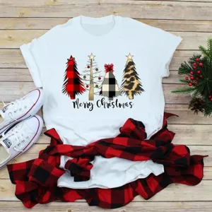 Christmas graphic short sleeve white t-shirt, casual holiday top with festive tree print.