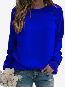 Women casual royal blue crewneck long sleeve sweatshirt, comfortable basic pullover top.