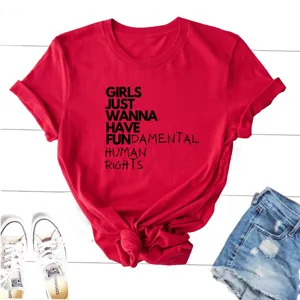 Red short sleeve t-shirt with feminist slogan print casual summer top for women daily wear