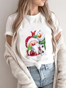 Women Christmas cartoon graphic short sleeve white t-shirt casual holiday tee top outfit