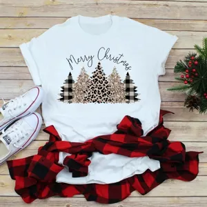 Christmas leopard plaid tree graphic print casual white short sleeve t-shirt top for women