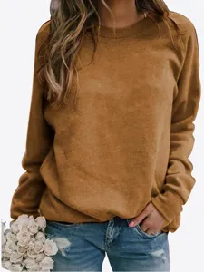 Casual solid color long sleeve crewneck sweatshirt for women, comfortable autumn daily wear top.