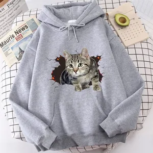 Women Casual Long Sleeve Hoodie Polyester 3D Cat Print Pullover Sweatshirt Loose Hooded Top For Autumn Winter Daily Wear