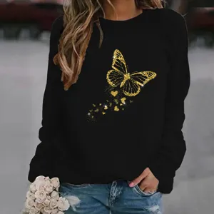 Sweatshirt Casual en Poils de Lapin Velours Côtelé pour Femmes Manches Longues Col Rond Imprimé Papillon Pailleté Ample Automne Hiver