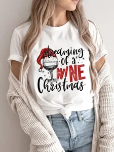 Christmas wine graphic short sleeve tee shirt, casual white round neck top apparel