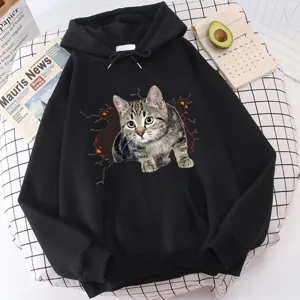 Casual black long sleeve hooded sweatshirt with cute 3D cat print for women autumn.